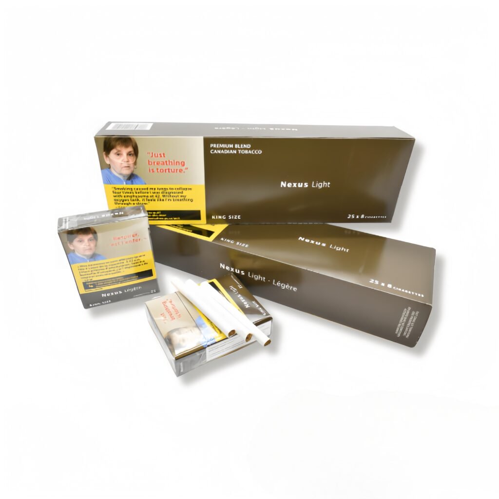 Nexus Light King Size cigarettes, premium Canadian tobacco, with packaging and loose sticks.