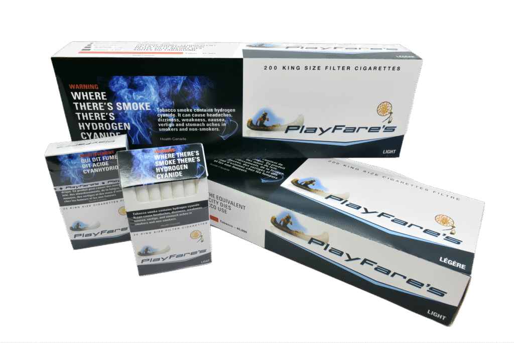 PlayFare's Light King Size Filter Cigarettes packaging with dreamcatcher and canoe design. Multiple packs shown.