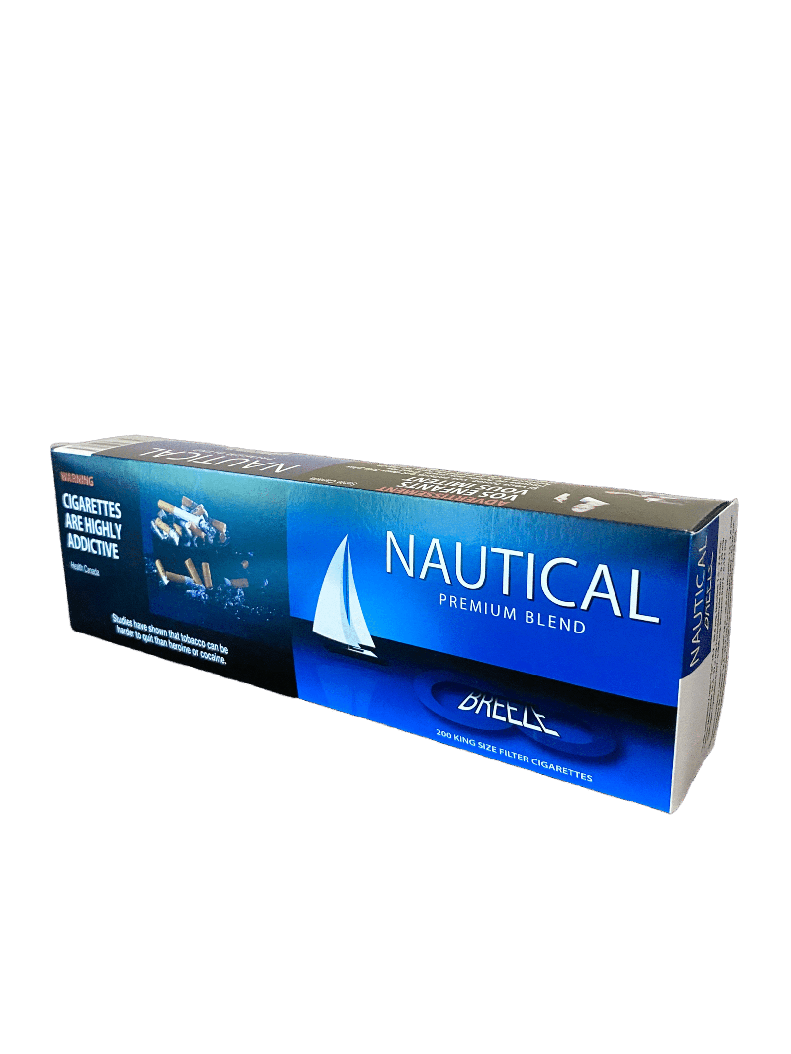 IMG_0942 Pack of Nautical Premium Blend 200 King Size Filter Cigarettes with blue design, white sailboat, and warning labels.