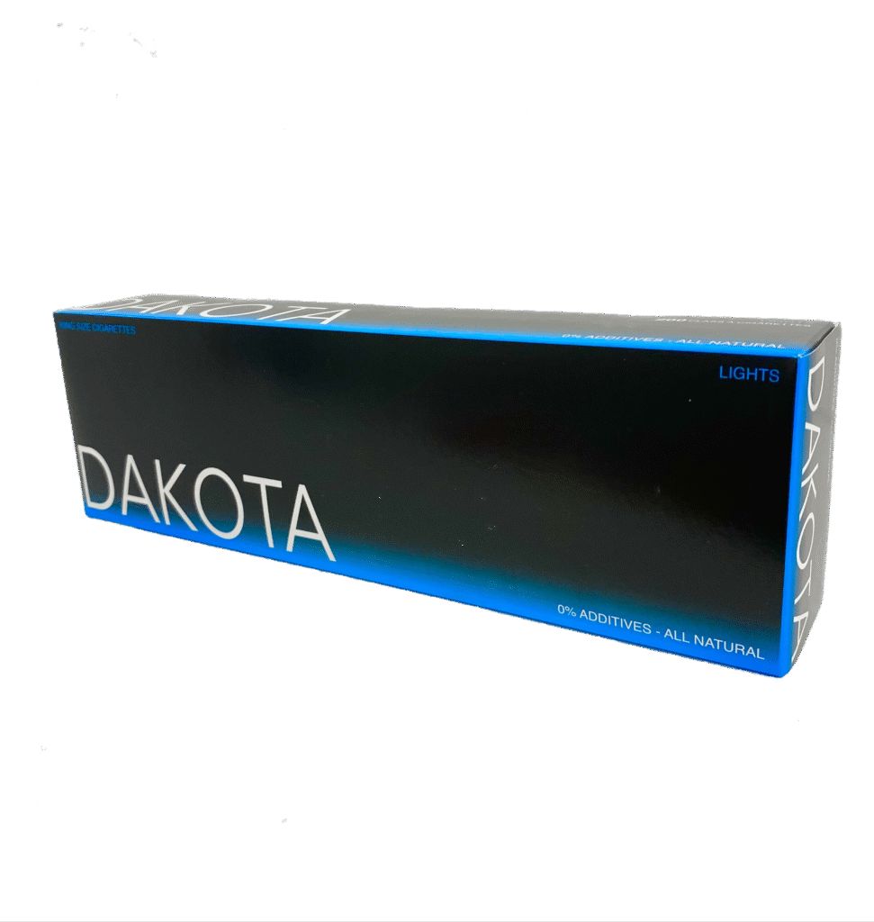 Dakota Lights King Size Cigarettes pack, 0% Additives - All Natural, glossy black with blue gradient.