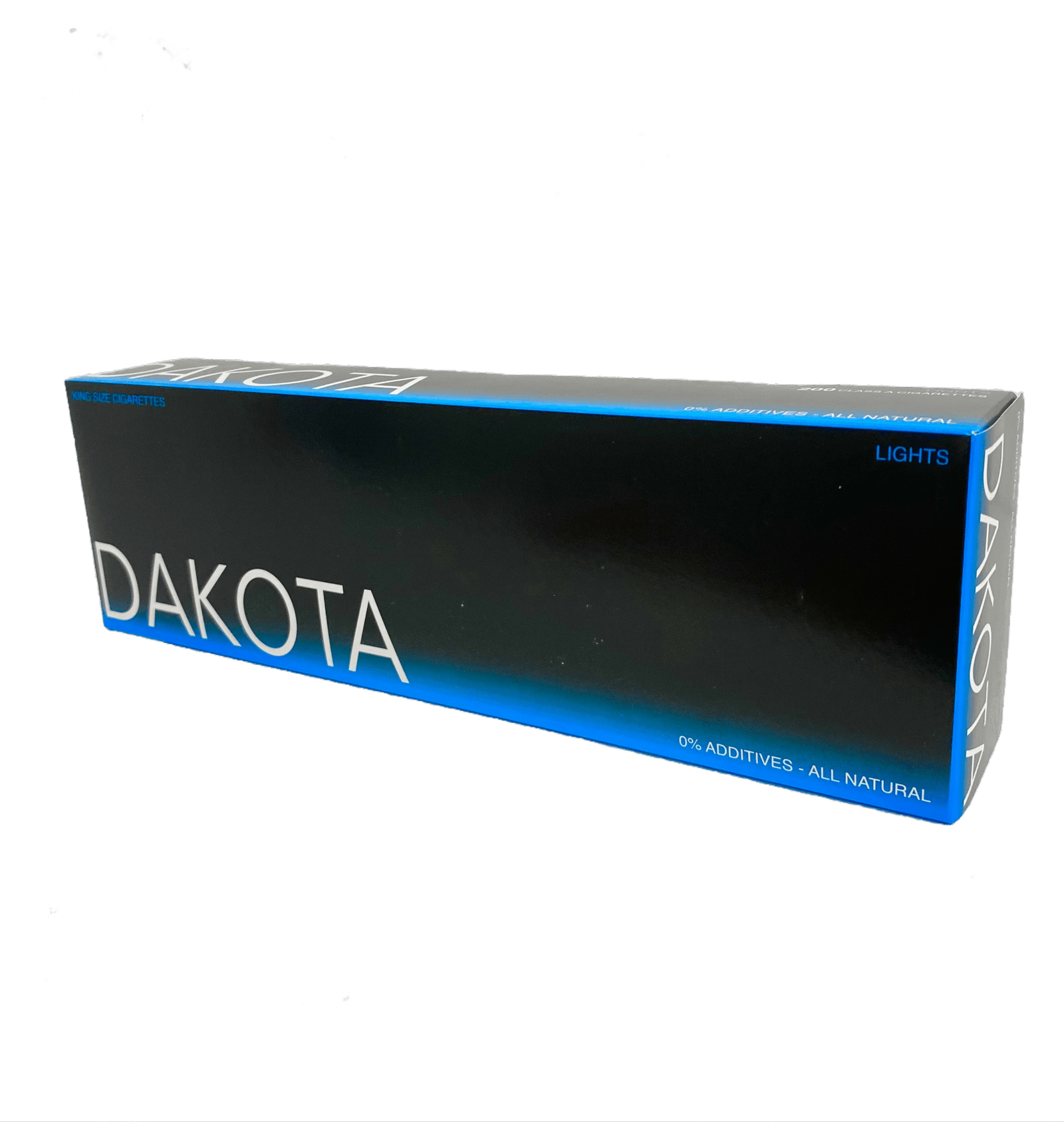 IMG_0956 Dakota Lights King Size Cigarettes pack, 0% Additives - All Natural, glossy black with blue gradient.