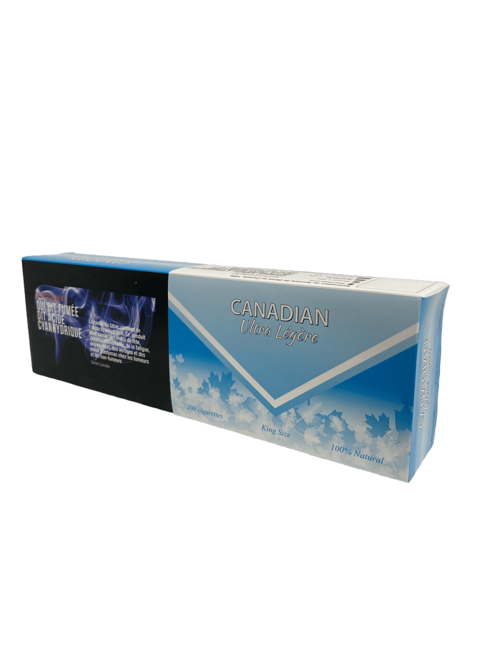 IMG_0964 Canadian Ultra Light King Size cigarettes, 20-count pack. Blue and white Canadian packaging with maple leaf design and '100% Natural'.