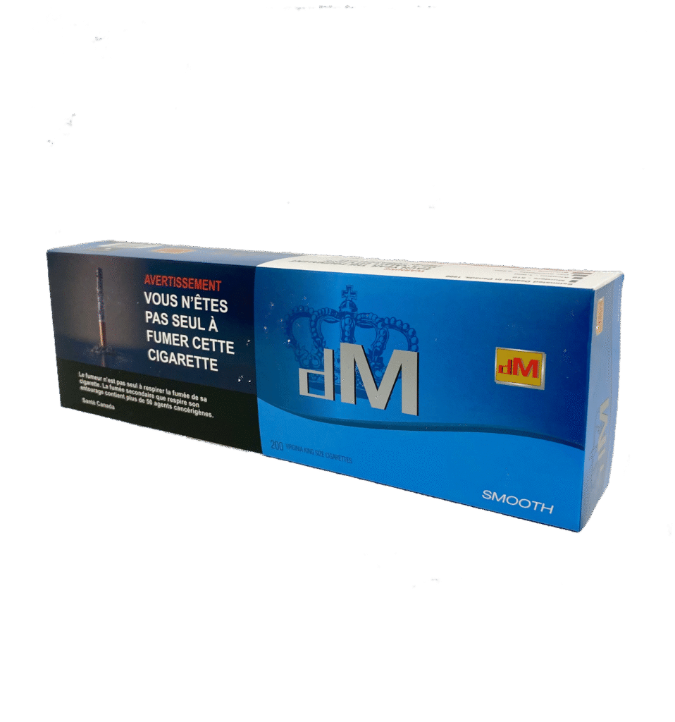 duMont Smooth 200 Virginia King Size Cigarettes blue box with dM logo and lit cigarette graphic.