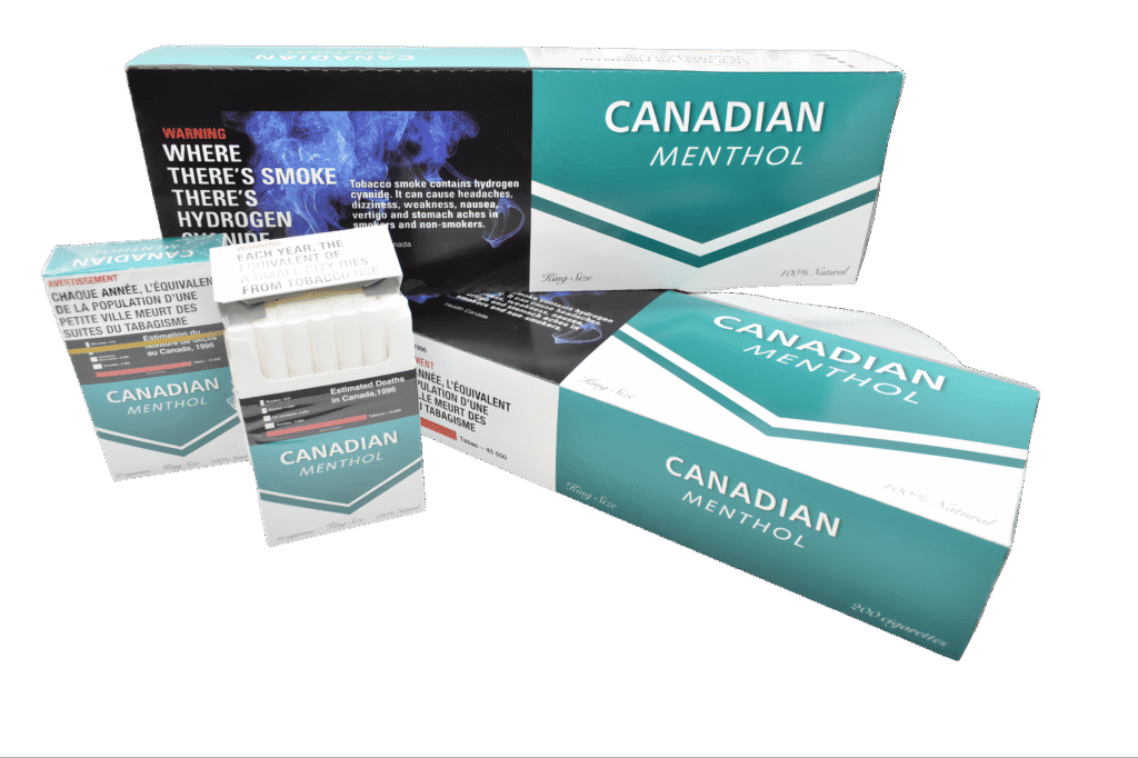 Canadian Menthol King Size cigarettes with teal and white packaging, featuring health warnings.