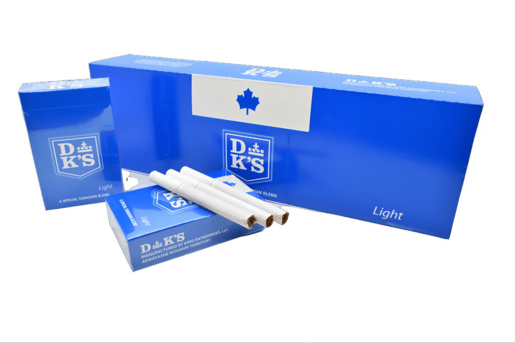DK's Light cigarettes, royal blue packaging with Canadian maple leaf and brand logo.