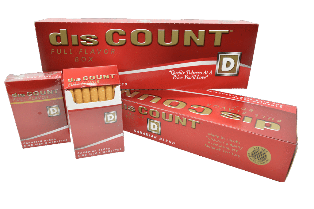 Discount Full Flavor Canadian Blend King Size Cigarettes in red boxes, one open showing cigarettes. Product packaging.