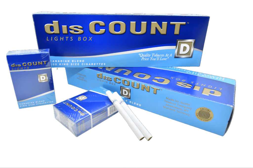 Discount Lights king size cigarettes packaging in blue and gold, showing multiple pack sizes.
