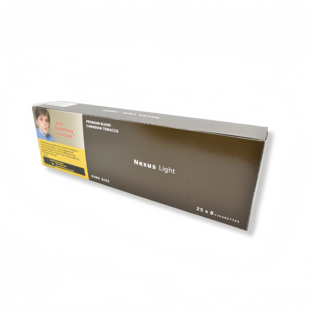 Nexus Light King Size cigarettes packaging, 25 x 8 count box, premium blend Canadian tobacco.