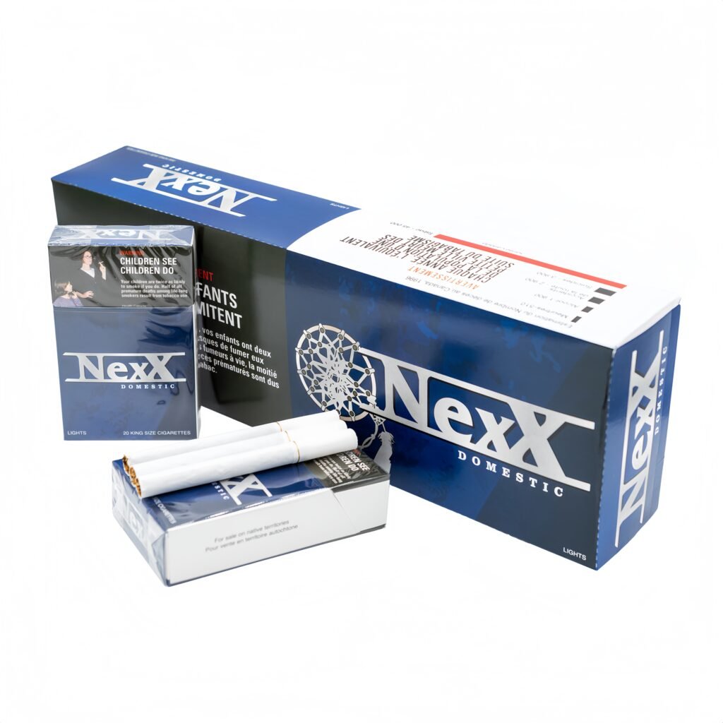 Nexx Domestic Lights Canadian cigarettes: two packs and one opened pack with loose cigarettes, blue and white packaging.