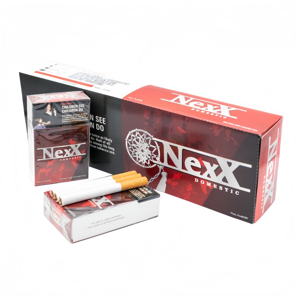 Nexx Full Flavor 20 King Size cigarettes pack and carton with warning label showing parent and child.