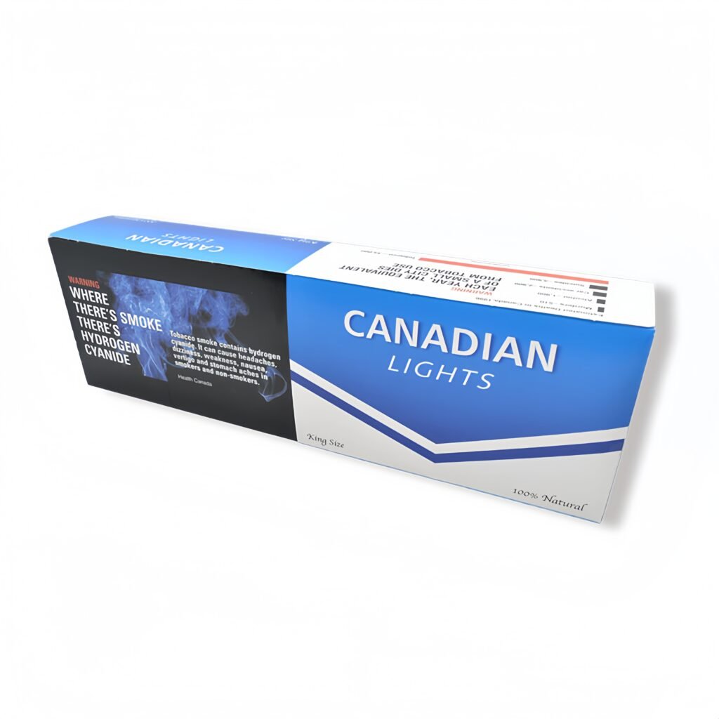 Canadian Lights king size cigarettes pack, blue and white branding, health warning label with smoke imagery.