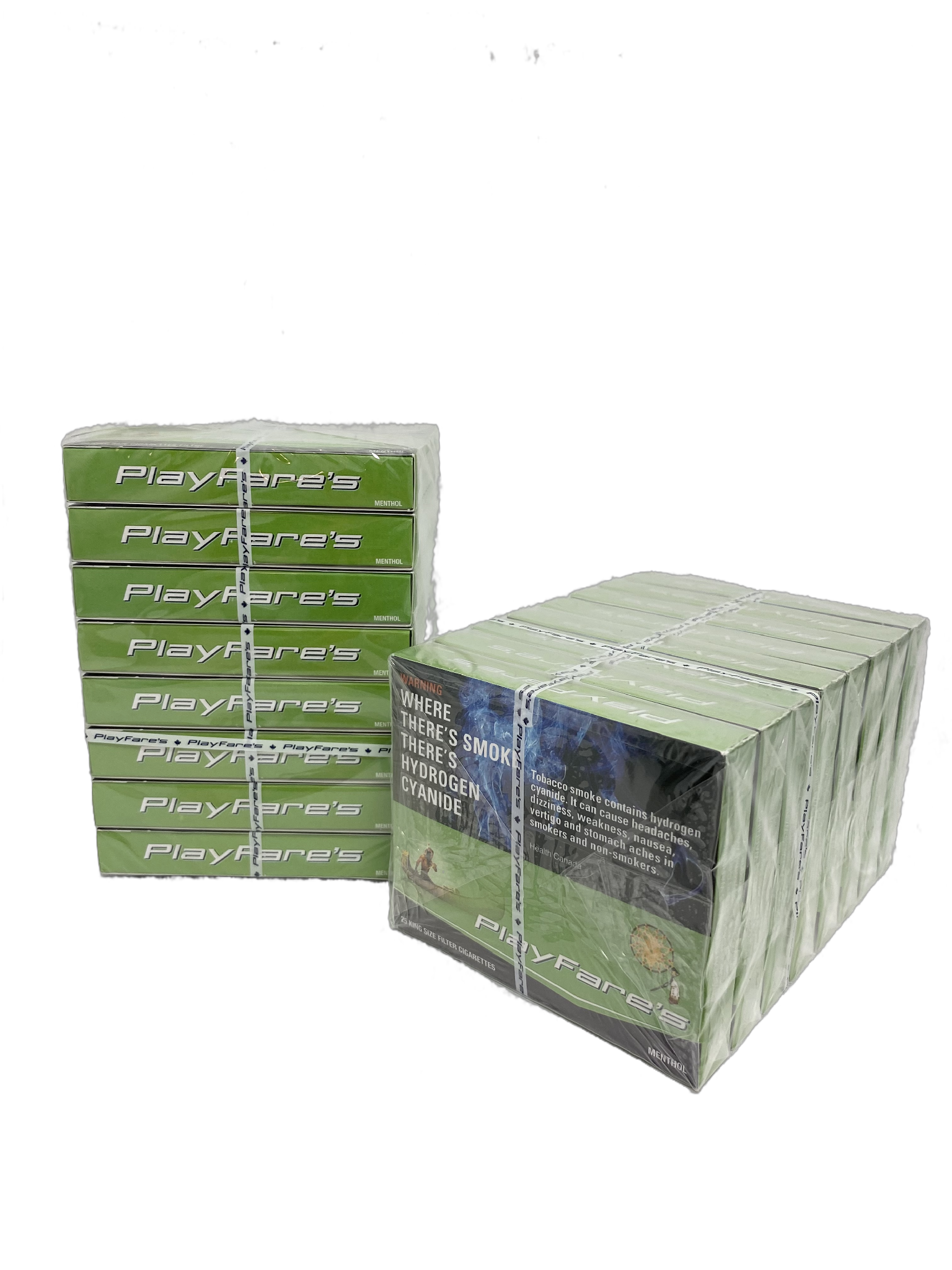 IMG_11010 PlayFare's Menthol king size filter cigarettes in green packs, showcased in two stacks.