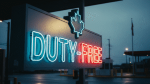 Duty-free neon sign with Canadian maple leaf advertising tax-free cigarette savings at border crossing stores