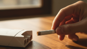 Hand holding premium native cigarette with white ashtray on wooden table showcasing Canadian tobacco quality