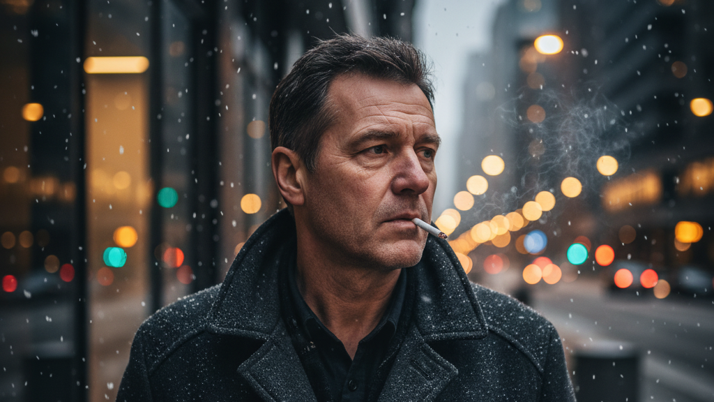 Canadian smoker lighting cigarette on urban street during winter highlighting expensive smoking habits in Canada