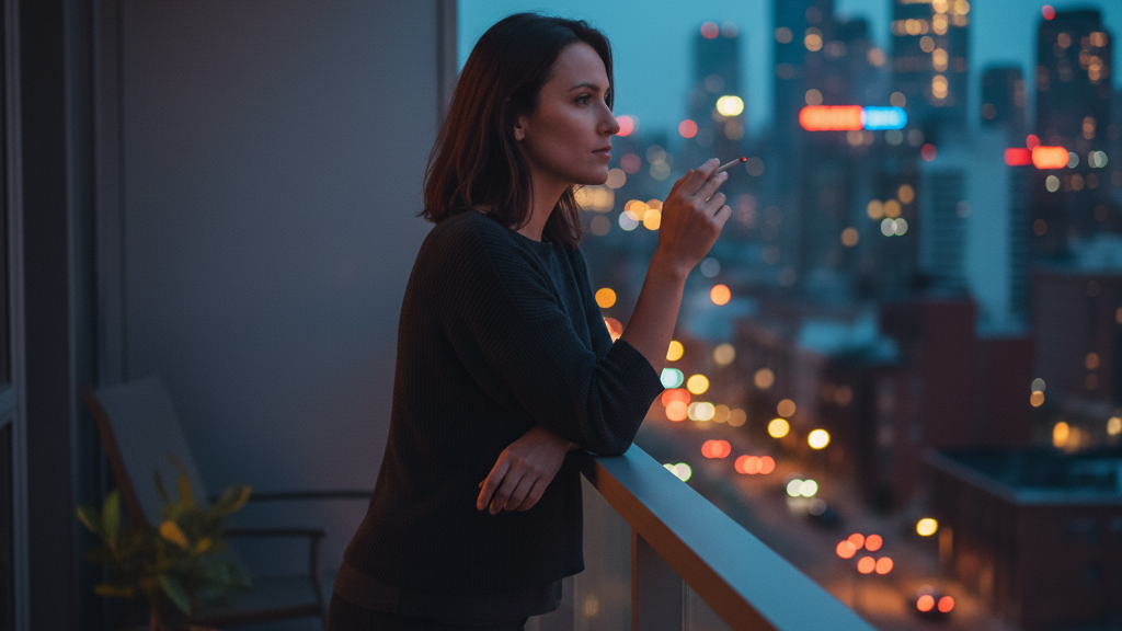 Woman smoking cigarette on urban Canadian balcony at night with city skyline lights background