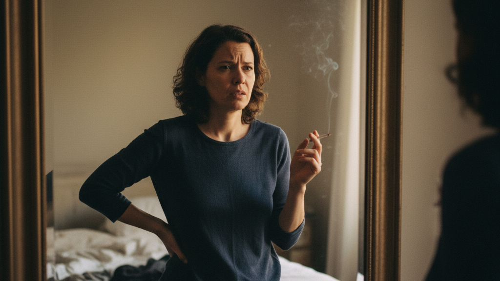Woman smoking cigarette indoors looking concerned about smoking and weight loss health risks effects