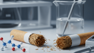 Laboratory analysis showing cigarette structure with tobacco fibers and nicotine molecular models for testing tar and nicotine content of cigarettes