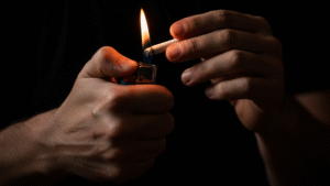 Person using lighter to ignite cigarette in dark setting with hands cupped around flame
