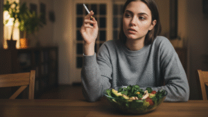 Woman holding cigarette over healthy salad showing conflict between smoking appetite suppression and nutrition