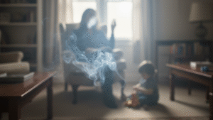 A child playing while someone smokes nearby, illustrating the serious health risks of secondhand smoke exposure at home.