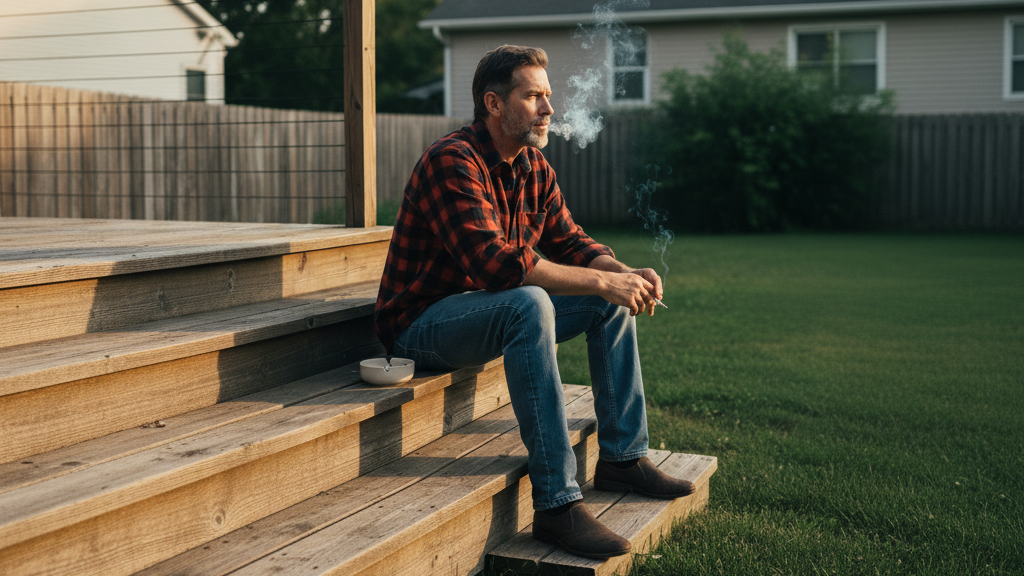 Canadian smoker enjoying native cigarette on wooden deck steps demonstrating affordable tobacco smoking experience outdoors