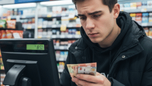 Canadian consumer paying high cigarette prices at convenience store checkout with Canadian dollars and receipt