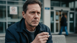 Middle-aged man in navy jacket holding cigarette while sitting outside modern building in Canada