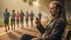 Man smoking cigarette while healthy runners exercise behind him illustrating smoking versus fitness choices
