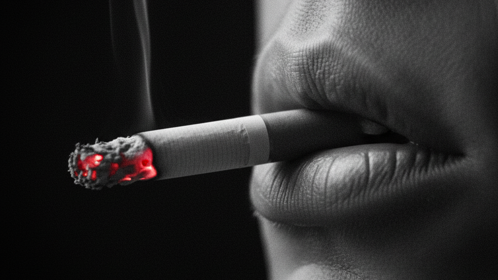 A black and white close-up of a person holding a lit cigarette in their mouth, showing nicotine addiction.