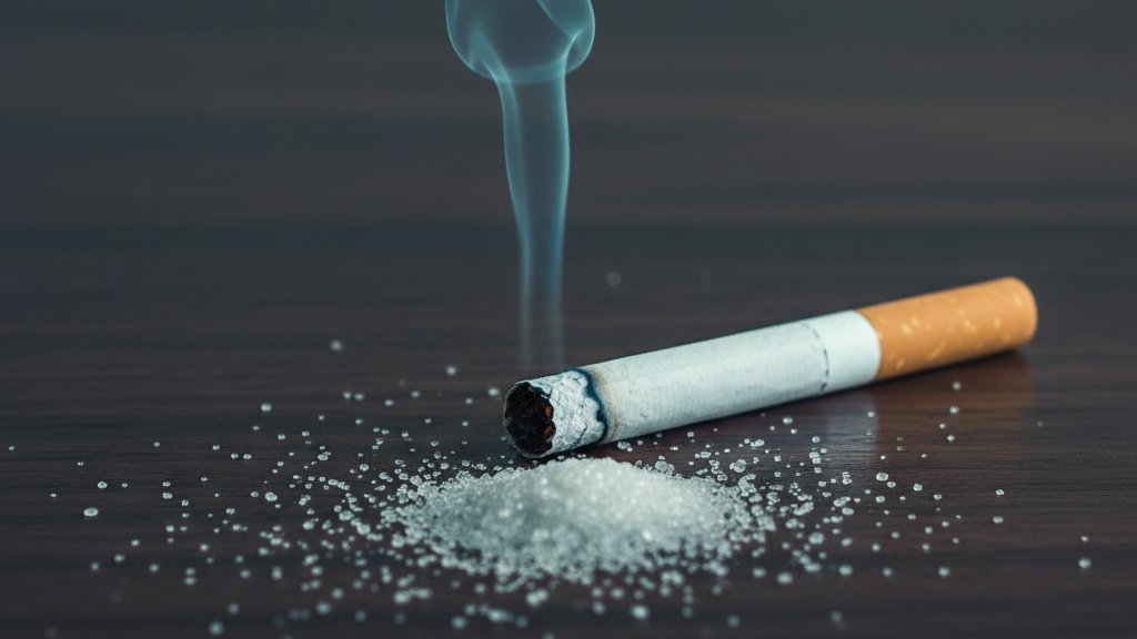 Burning cigarette with smoke and scattered sugar crystals illustrating toxic compounds created when tobacco sugar burns