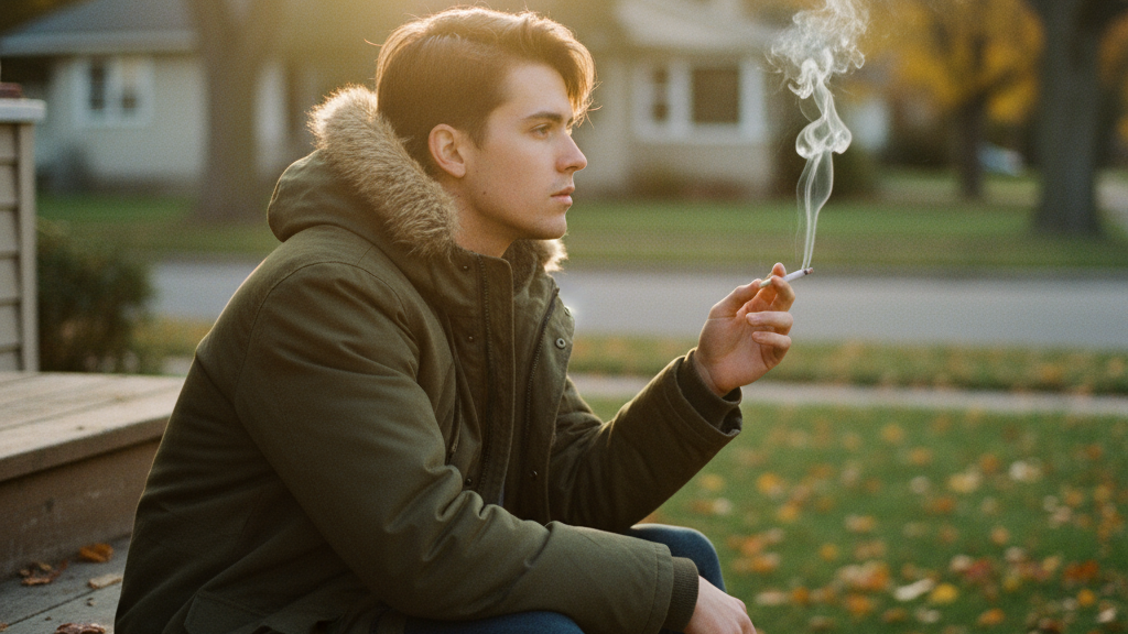 Young man smoking affordable cigarette outdoors in Canada during autumn season on residential street steps