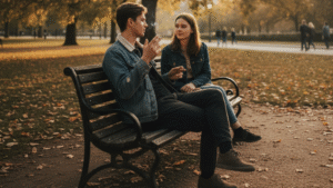 Couple relaxing on park bench smoking budget-friendly cigarettes together in Canadian autumn setting with fallen leaves