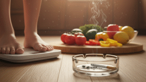 Person standing on scale next to burning cigarette in ashtray and fresh vegetables illustrating smoking's impact on weight and metabolism
