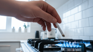 Person lighting cigarette using blue gas stove burner flame in kitchen showing household alternative when lighter is unavailable
