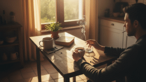 Man enjoying low-cost cigarette with morning coffee at home table in warm sunlight Canada lifestyle scene
