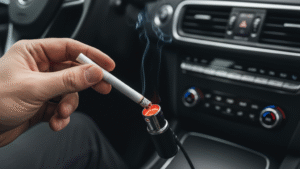 Driver using glowing red hot car cigarette lighter to light cigarette inside vehicle demonstrating convenient on-the-go alternative method