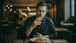 Person smoking cigarette at restaurant table with meal illustrating how tobacco affects appetite metabolism and relationship with food consumption