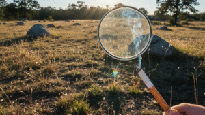Magnifying glass focusing sunlight outdoors in natural field showing survival technique to light cigarette without lighter or matches
